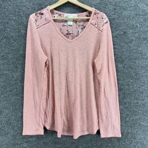 Youth T-Shirt Women L Large Pink Floral V-Neck Long Sleeve Waffle Pullover